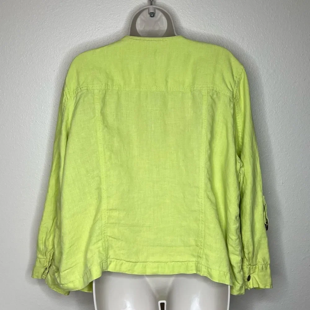 Chicos Drape Front Easy Linen Jacket Chartreuse Roll Tab Sleeve Women Size Large